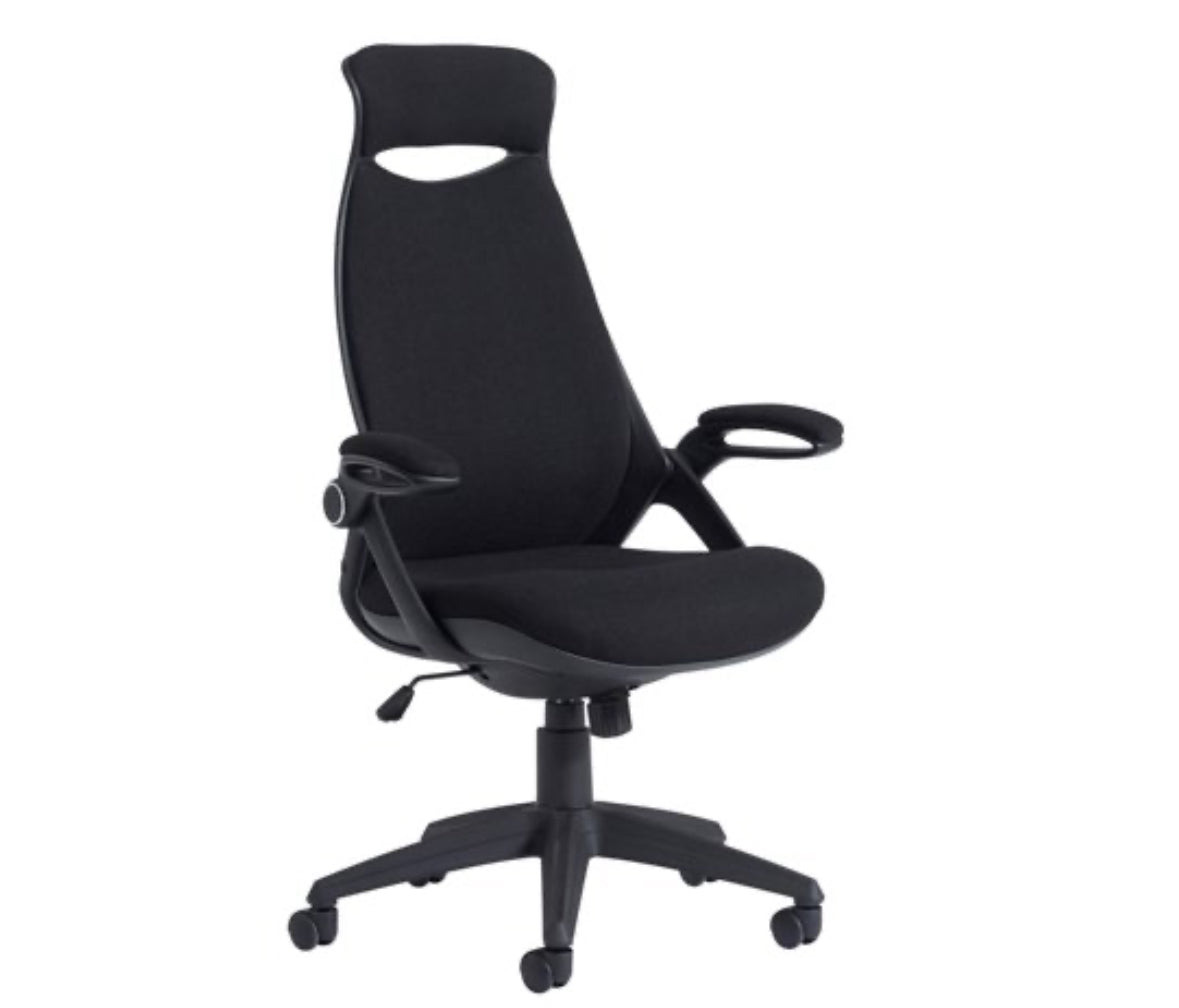 NEW Tuscan high back swivel chair, black fabric seat, fabric back and headrest with pivot arms. PRICE INC VAT