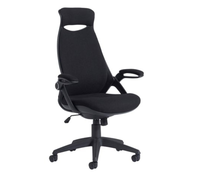 NEW Tuscan high back swivel chair, black fabric seat, fabric back and headrest with pivot arms. PRICE INC VAT