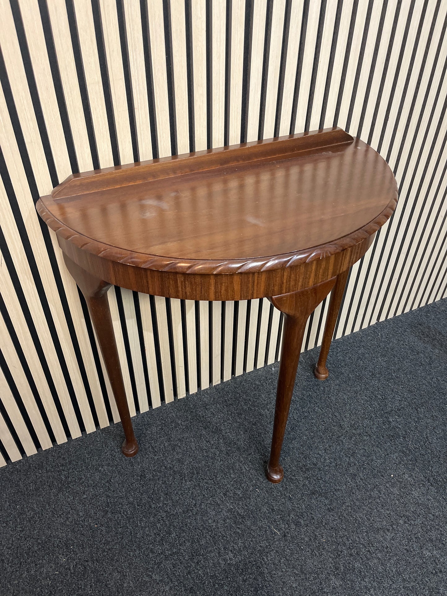 Mahogany half moon hall table with upstand, heat mark on top 3325