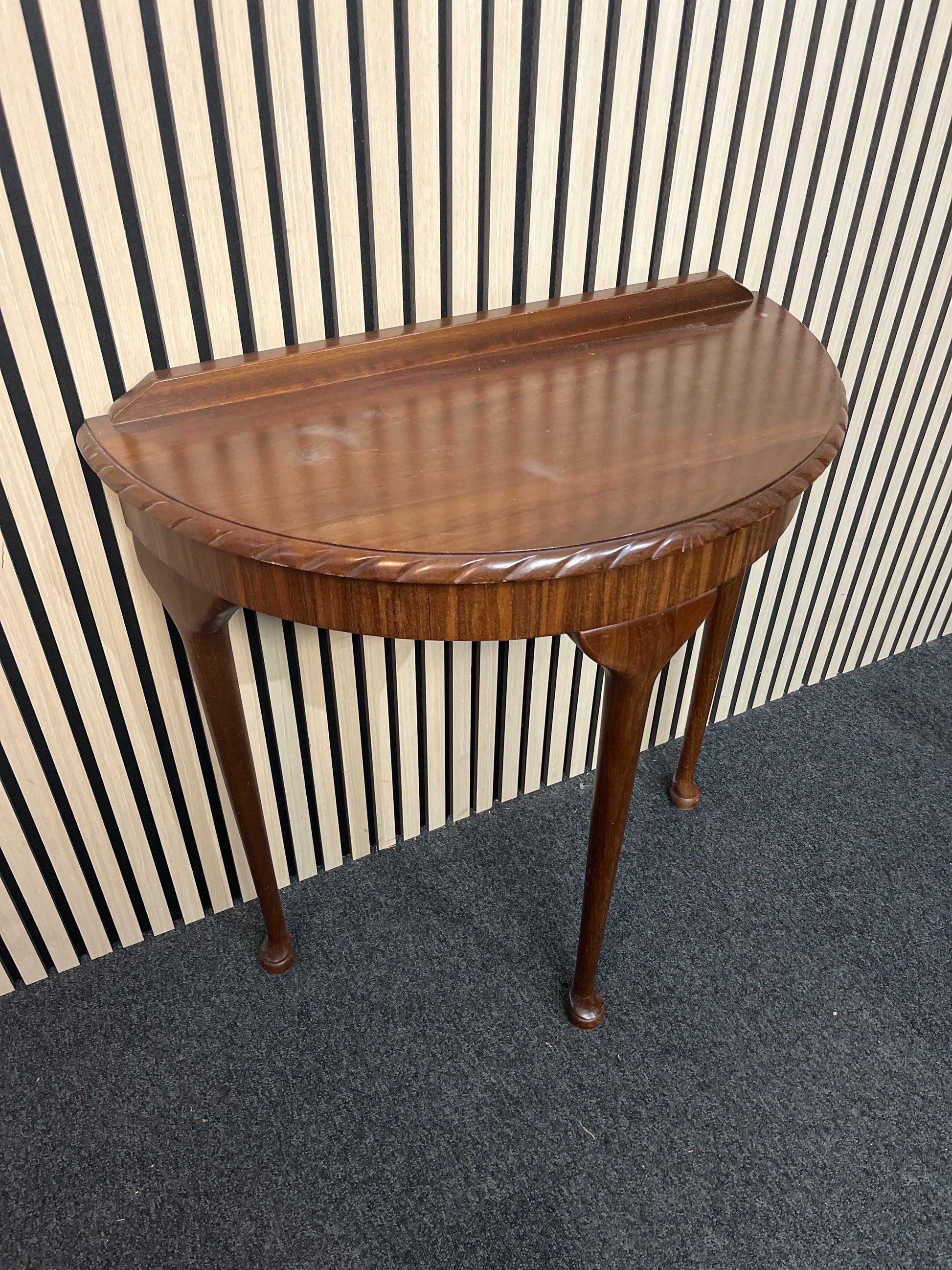 Mahogany half moon hall table with upstand, heat mark on top 3325