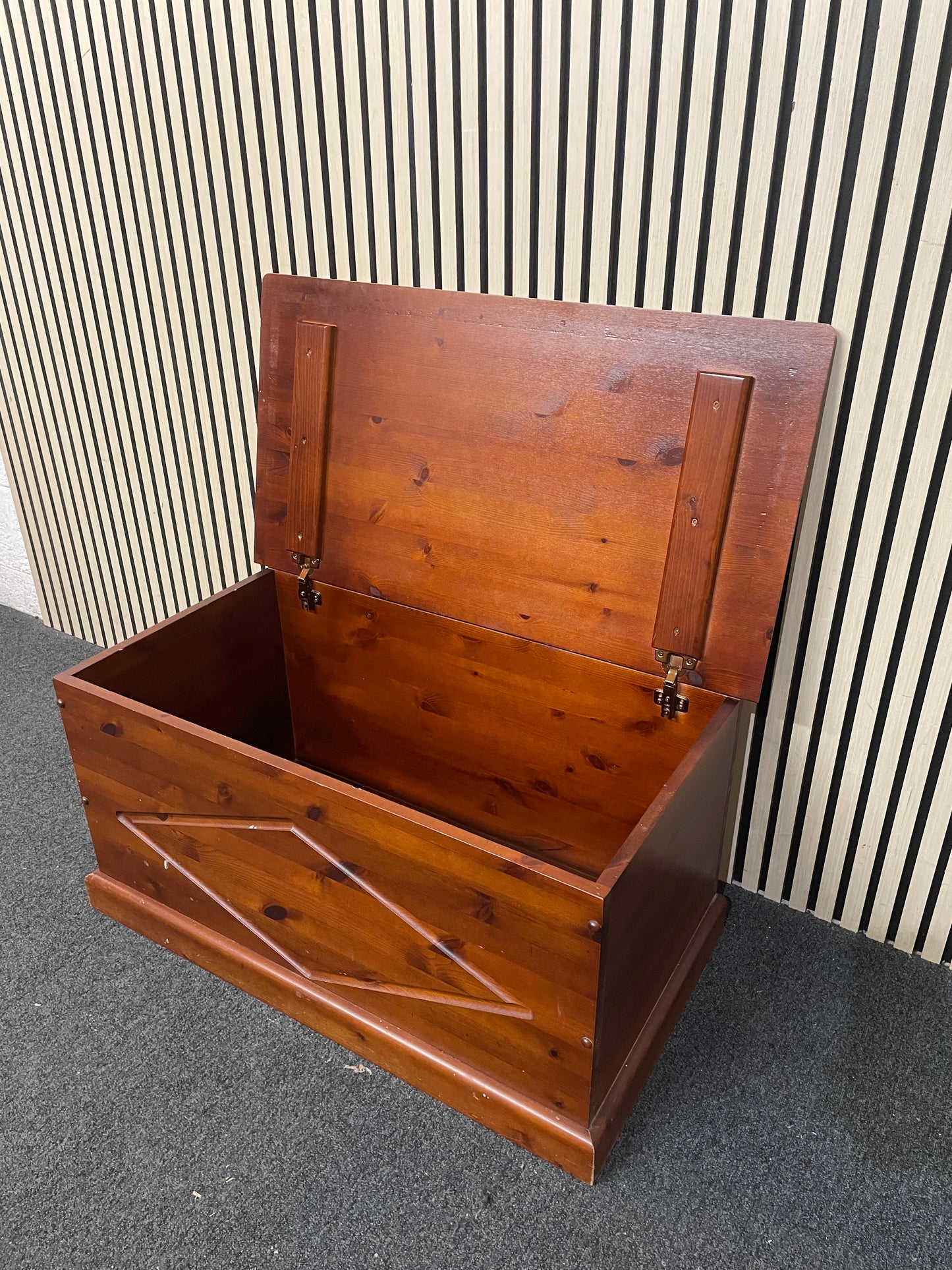 Solid pine, dark wood stained, top open blanket box  1126