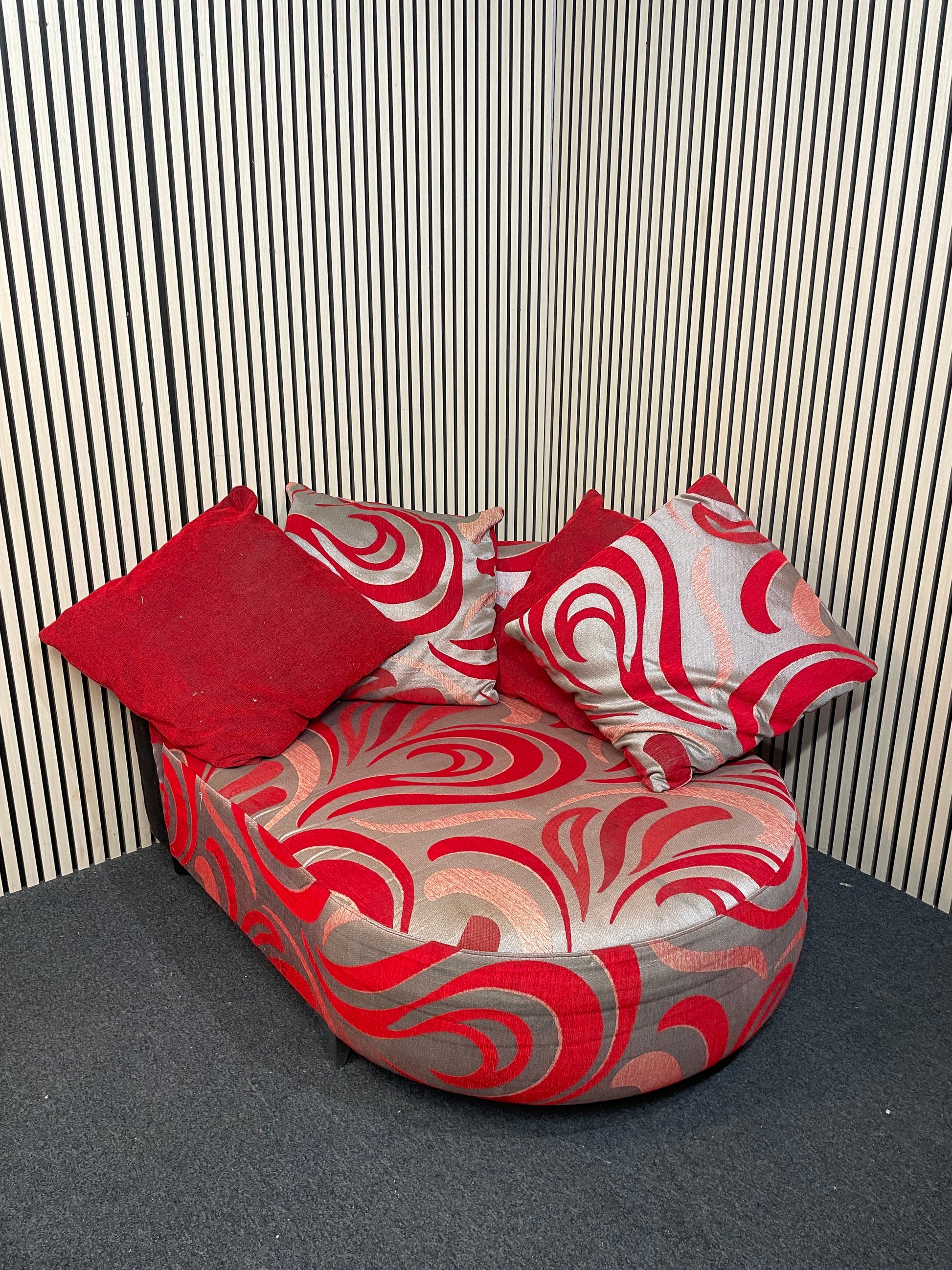 Bright red and silver fabric wide love seat with matching cushions  2425