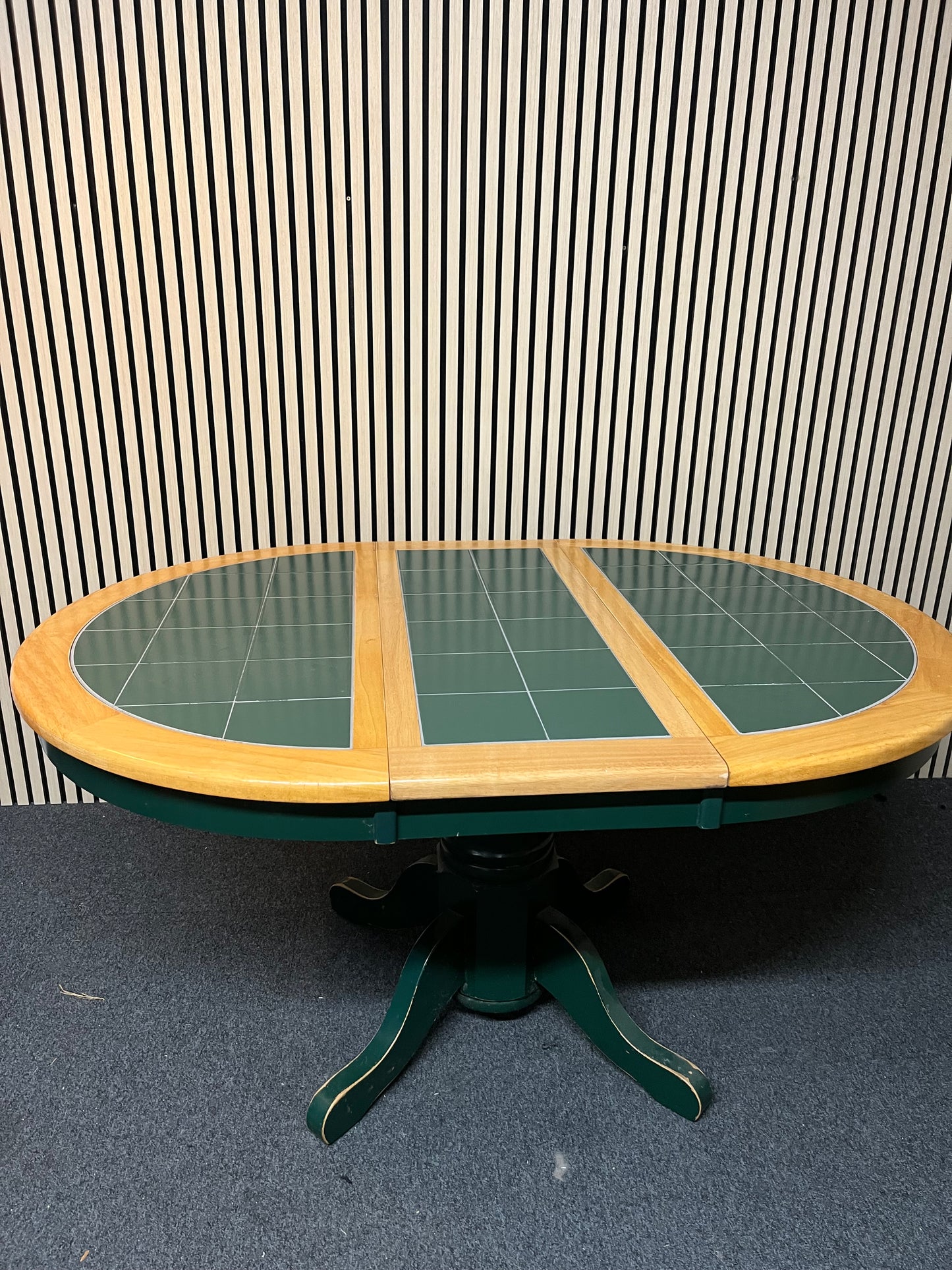 Circular solid pine extendable dining table (Diameter 106 + 38 cm extension ) with green frame and tiled top  1325