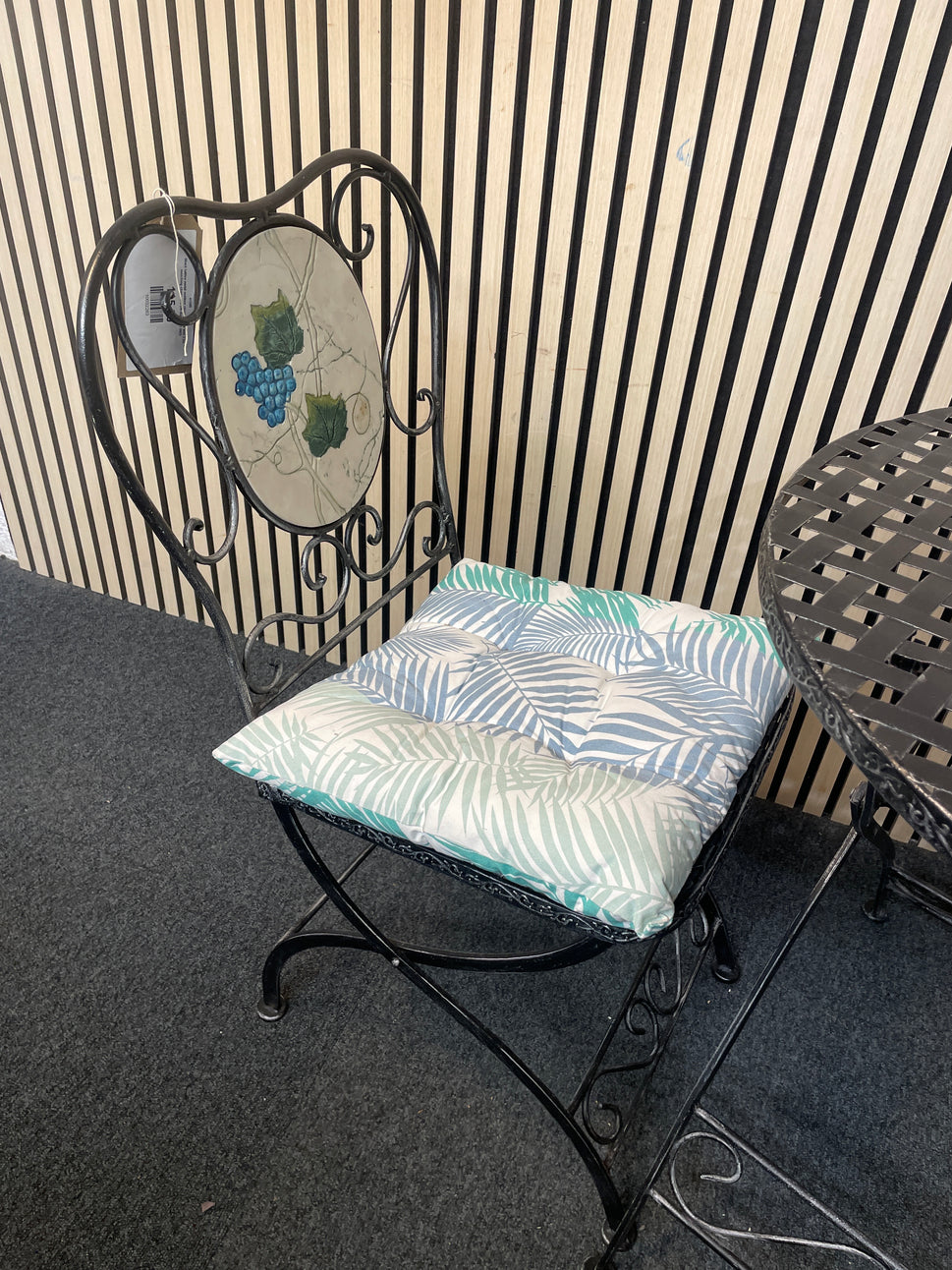 Black lattice metal outdoor circular table with 2 no. matching chairs  (70 cm diameter) 2425