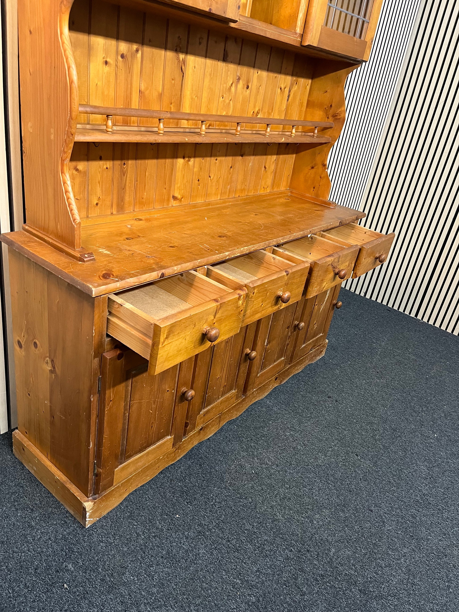 Natural pine two-glass-door top open kitchen dresser with base storage (H 193 x W 151 x D 40 cm) 1126