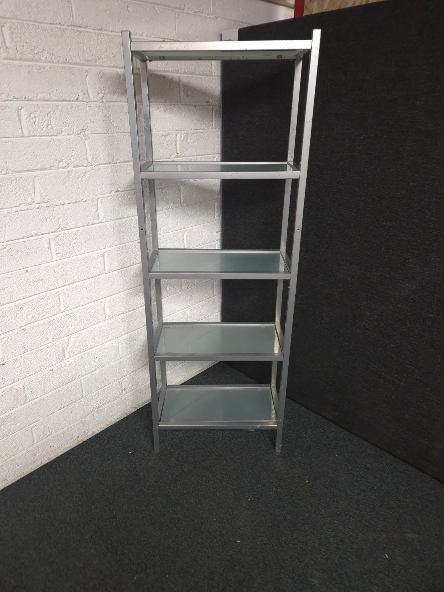Tall silver metal and glass shelf tiered display unit (H 1700 x W 600 x D 300 mm) 1225