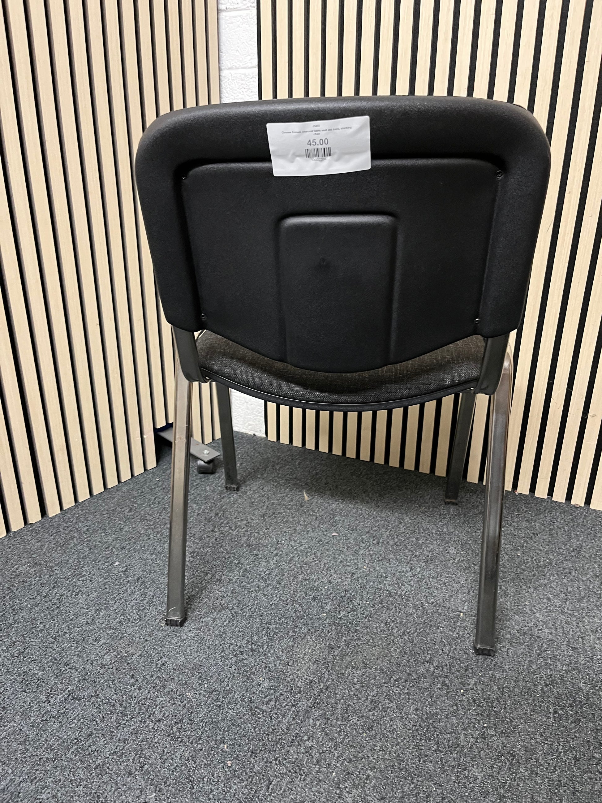 Chrome framed, charcoal fabric seat and back, stacking chair