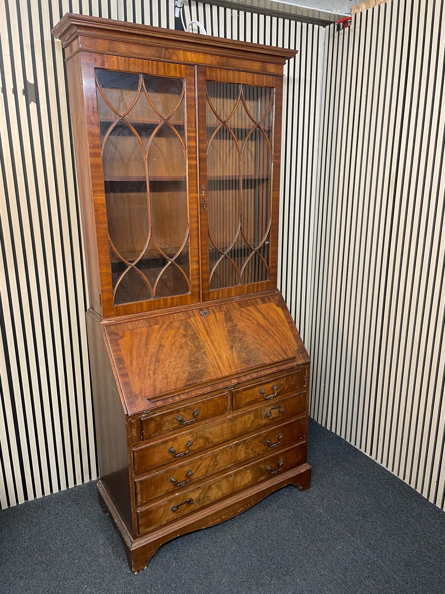 Ornate mahogany inlaid tall 2 glass door writing bureau with base drawers( H 214 x W 100 x D 43 cm) 2425