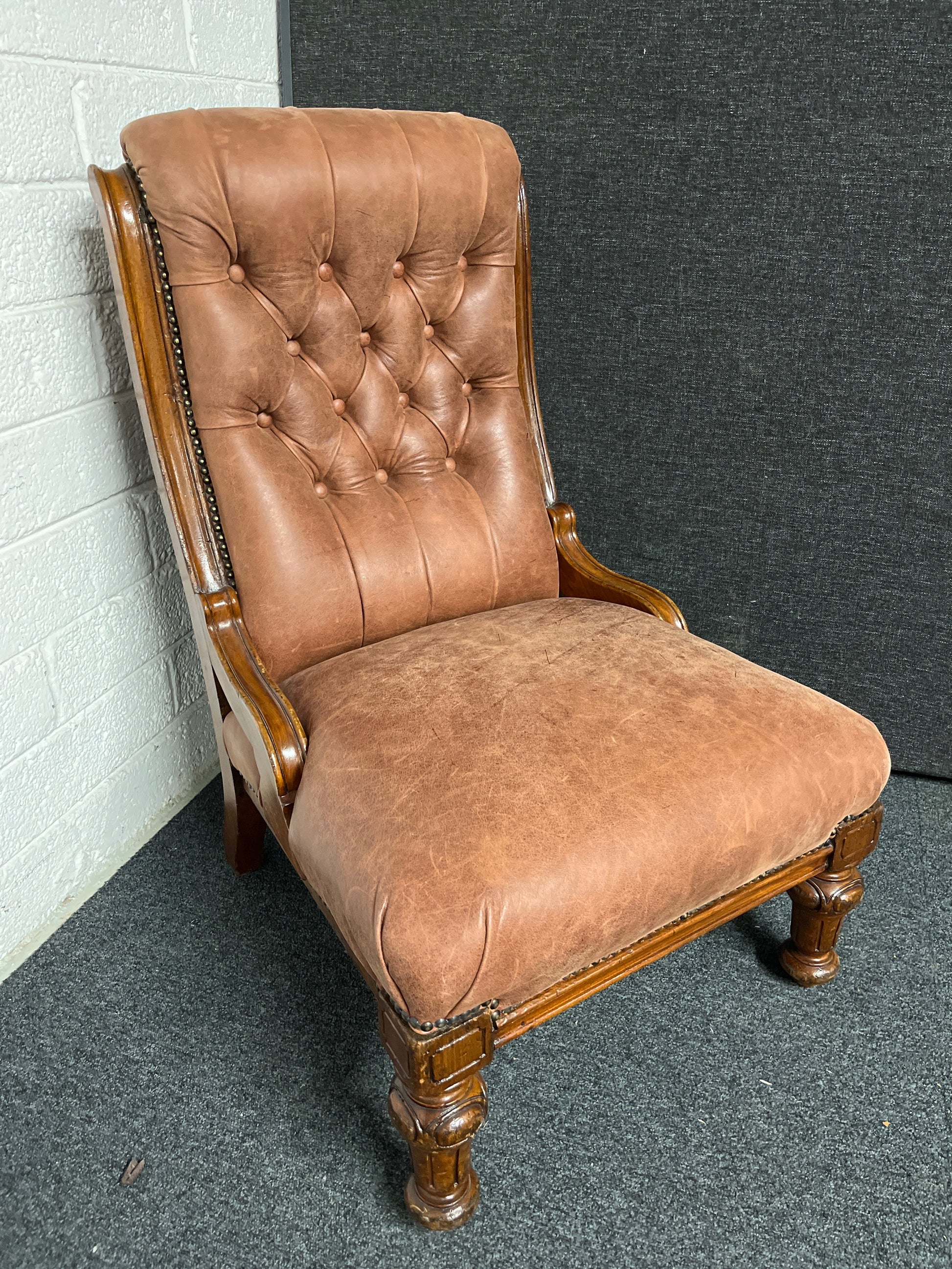 Ornate button back brown leather antique frame occasional chair  1225