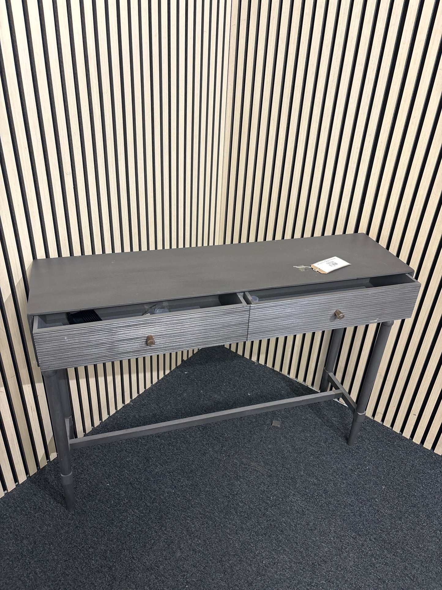 Slim 2 drawer dark grey laminate metal framed console table(L x 107 W x 28 H x 78) 3325