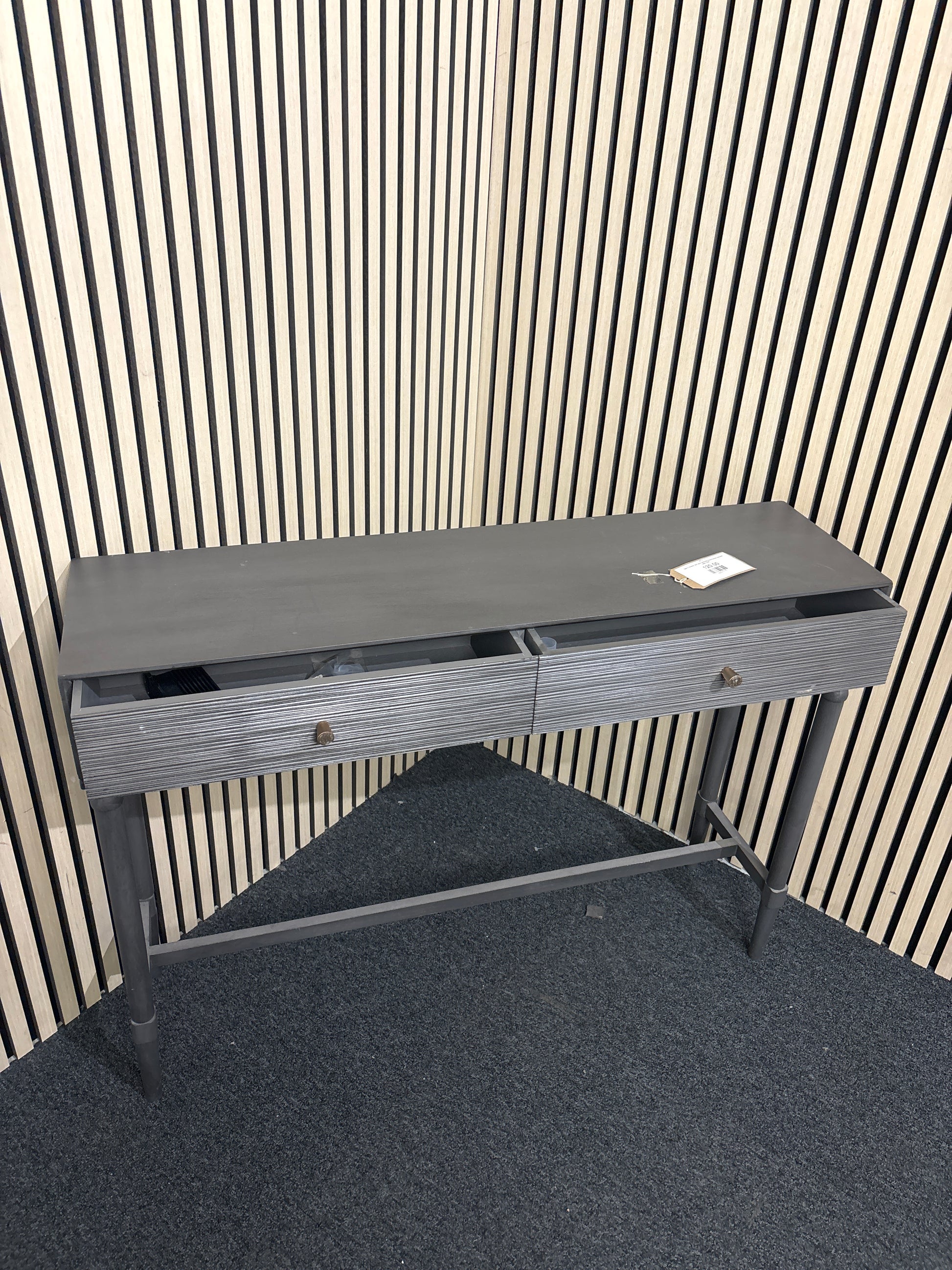 Slim 2 drawer dark grey laminate metal framed console table(L x 107 W x 28 H x 78) 3325