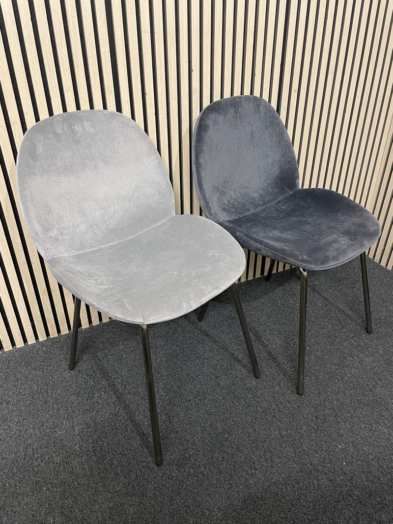 Pair of 2 no. metal framed velour fabric dining chairs (1 grey and 1 charcoal)  44446