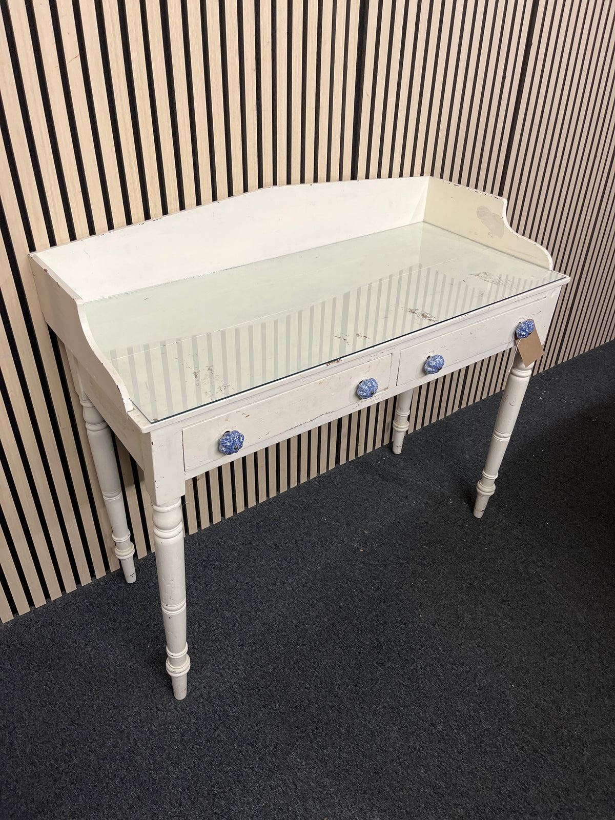 Solid wood white painted 2 drawer bedroom dressing table with glass top (H 95 x W 108 x D 50 cm)  44294