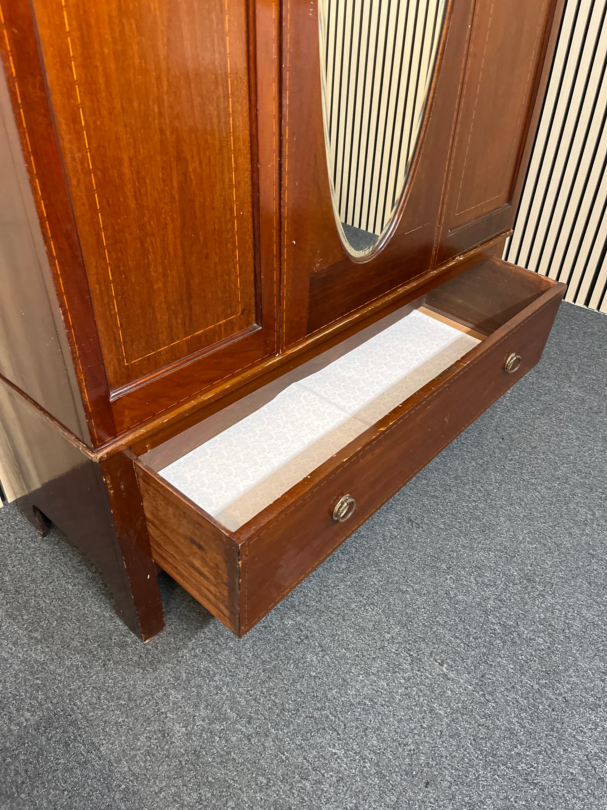 Antique mahogany large wardrobe central oval mirror with base drawer 2425