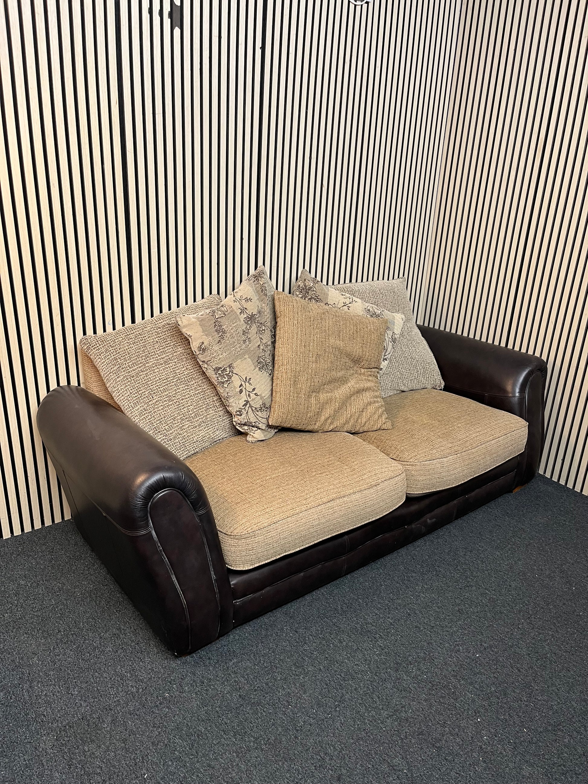 2 Seater sofa brown leatherette framed, brown mix fabric cushions 1126