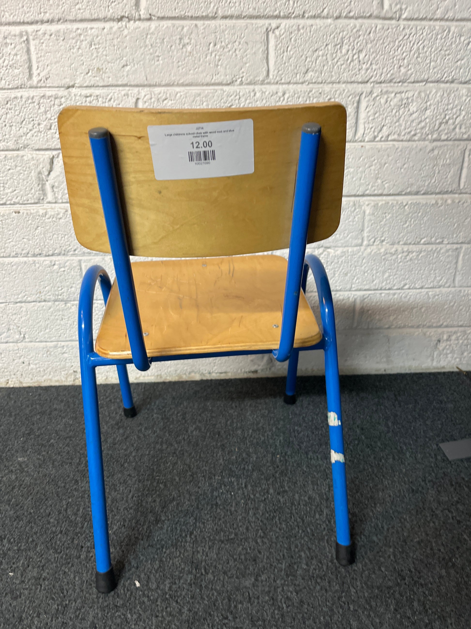 Large childrens school chair with wood seat and blue metal frame