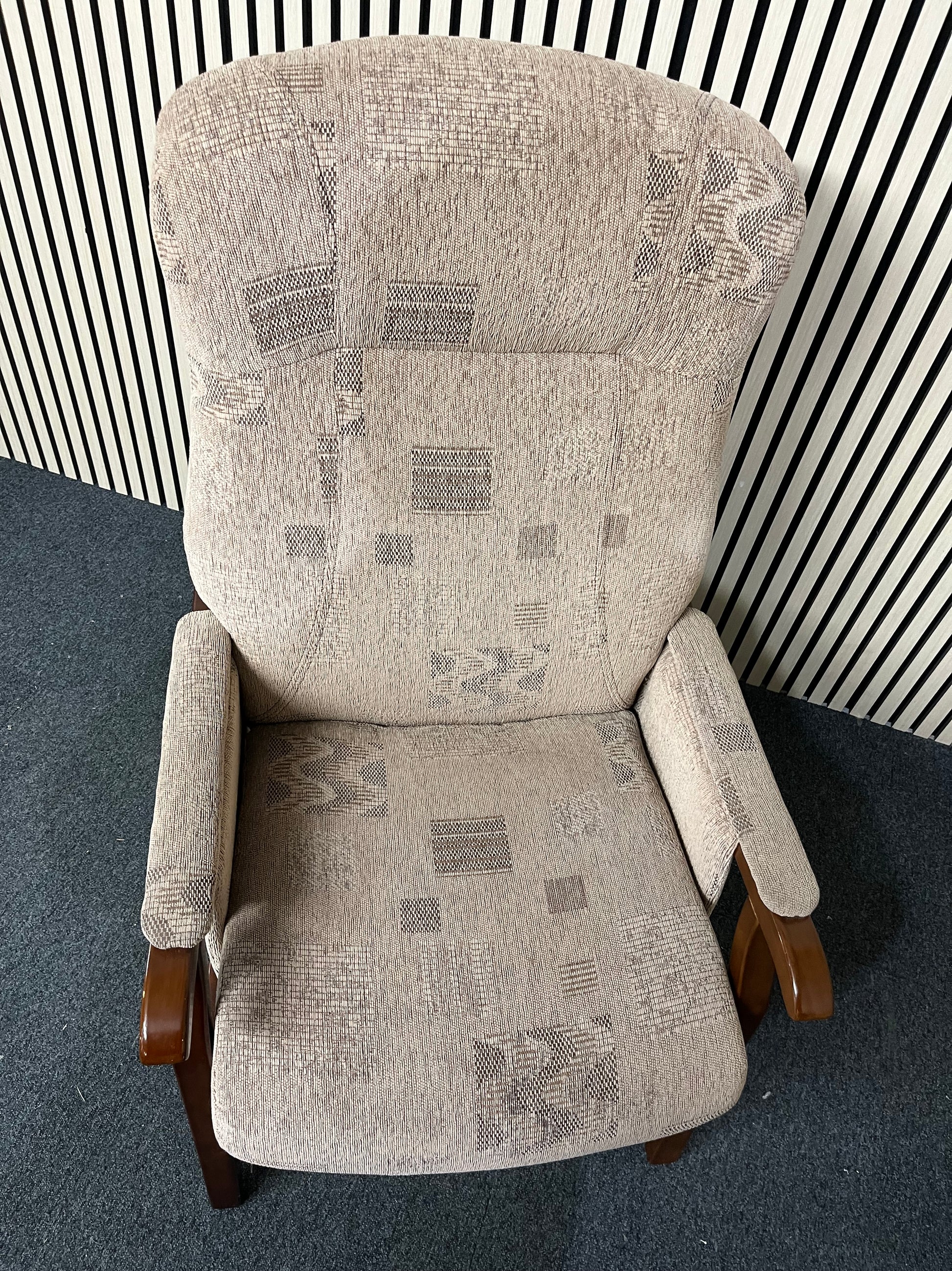 Cream fabric fireside armchair with solid darkwood frame 3325