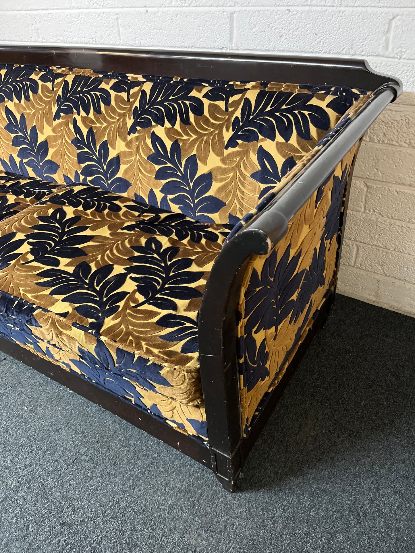 Ornate mahogany framed beige 2 seater sofa navy and brown floral fabric design  1325