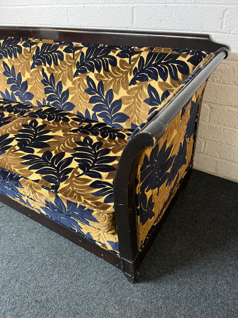 Ornate mahogany framed beige 2 seater sofa navy and brown floral fabric design  1325
