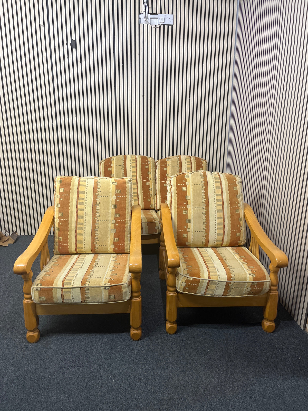 2+1+1 hardwood framed wooden suite with brown and gold mix fabric cushions  44336