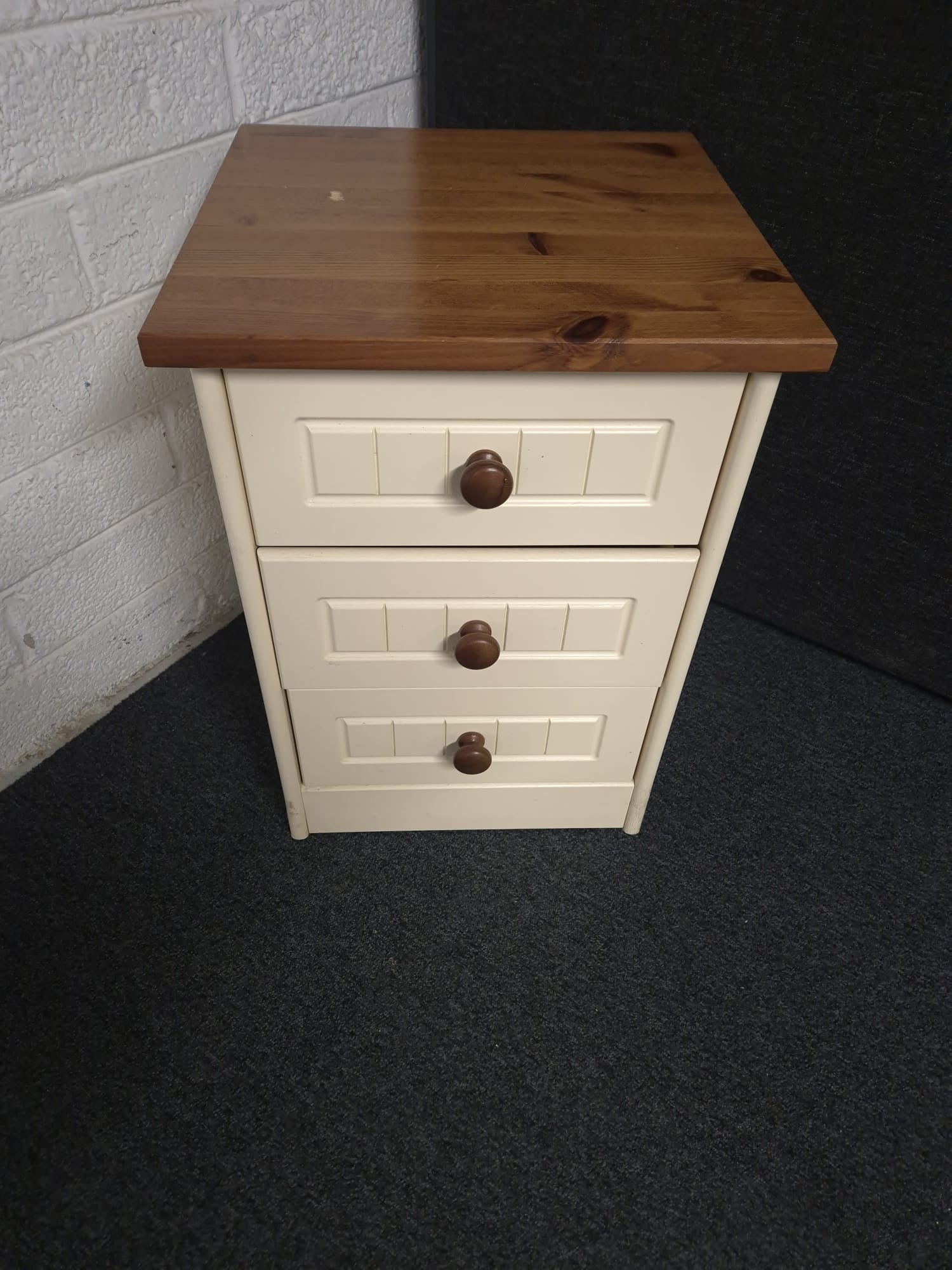 Cream and pine stained  3 drawer bedside locker  1225