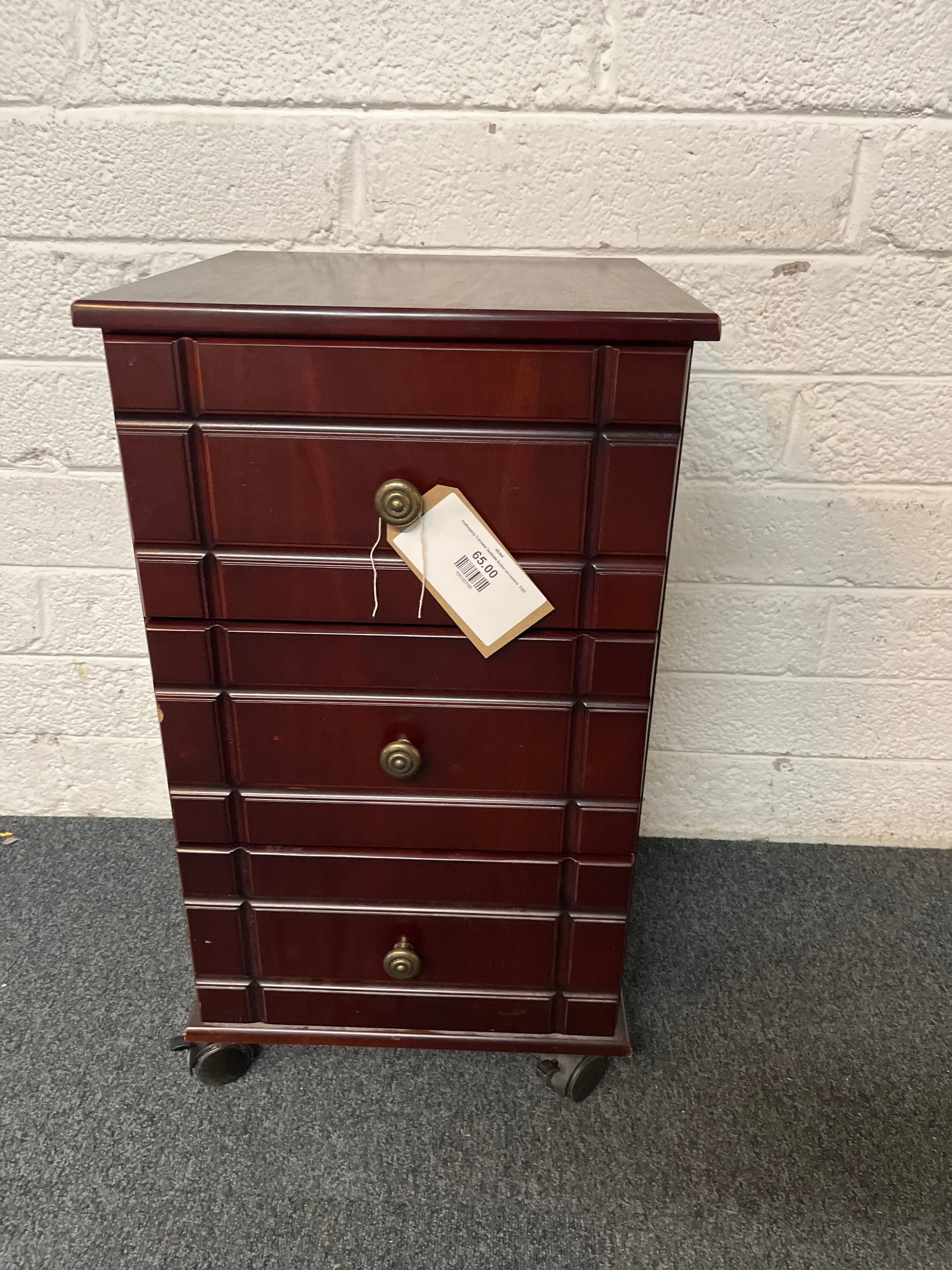 mahogany 3 drawer bedside locker on castors  1325
