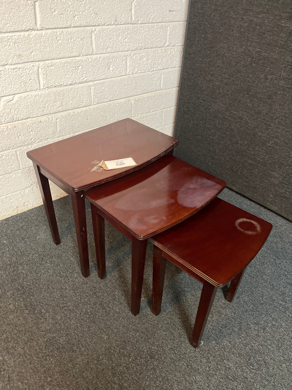 Mahogany nest of 3 tables, heat stained on tops 520Wx350Dx480H 2225