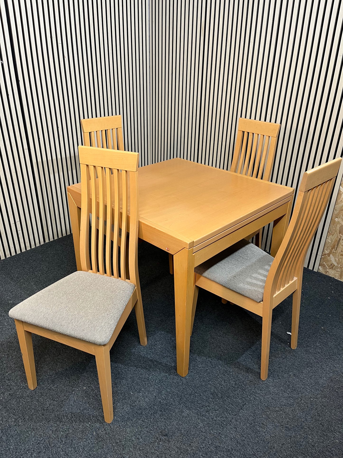 Caligaris Beech square extendable kitchen table (L 90 - 180 x W 90 cm) with 4 no. matching solid wood high back chairs with grey fabric seat cushions  3126