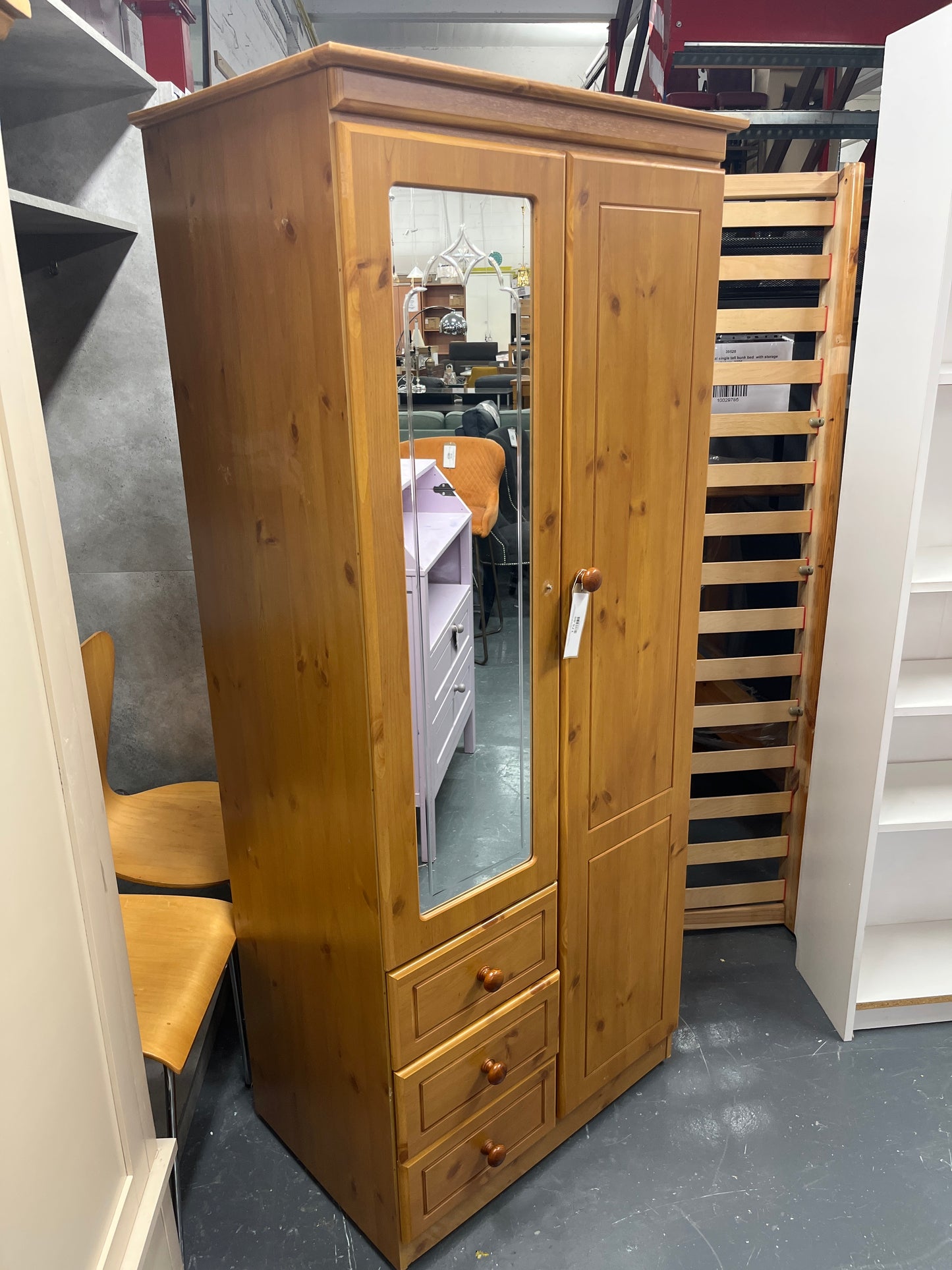 Oak 2 door 3 drawer wardrobe with mirroed door and circular handles (H 183 x W 78 x D 53 cm) 1325