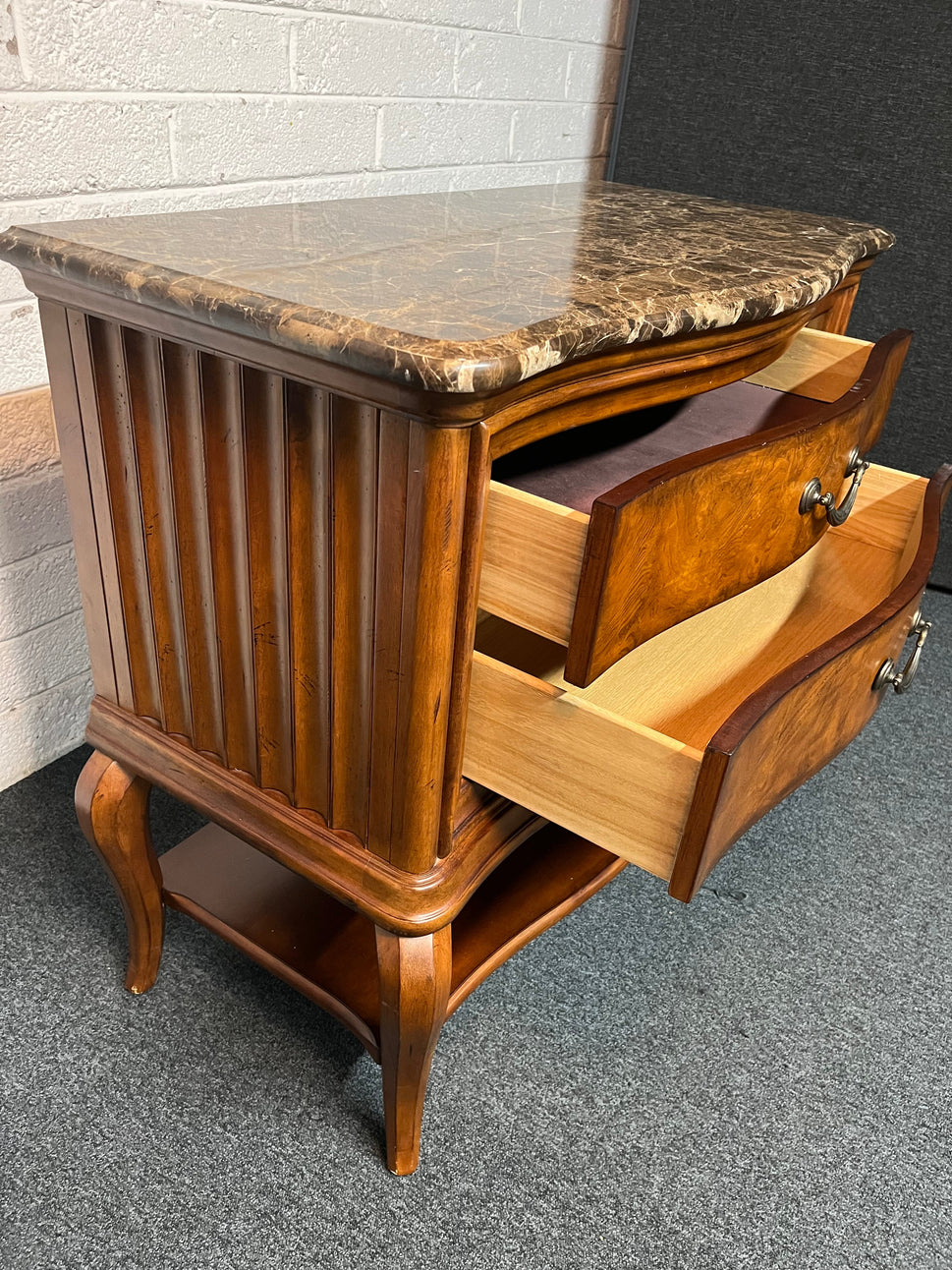 Solid mahogany stained large 2 drawer chest with green granite top and base shelf (H 88 x W 103 x D 51 cm) 2225