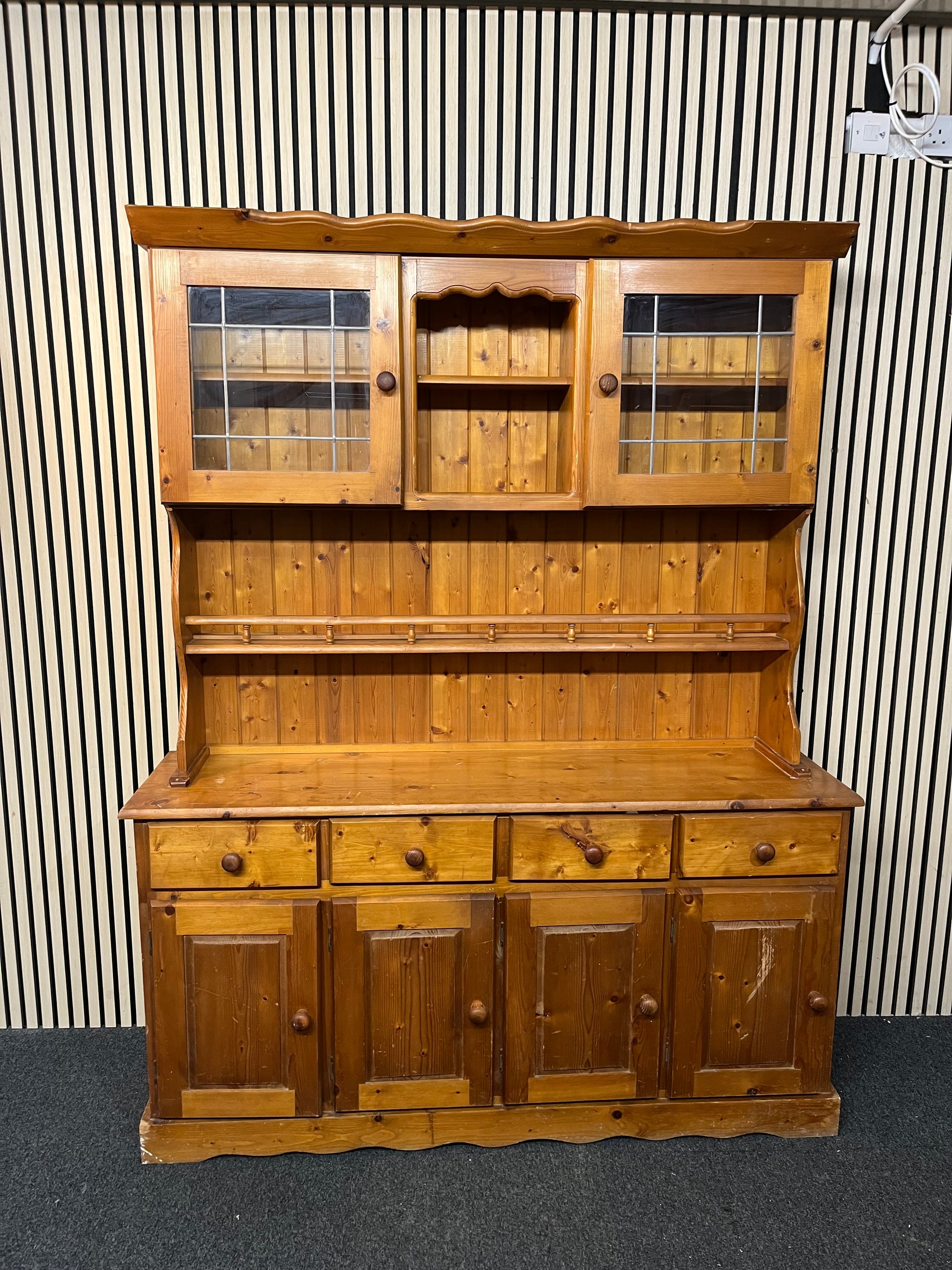 Natural pine two-glass-door top open kitchen dresser with base storage (H 193 x W 151 x D 40 cm) 1126