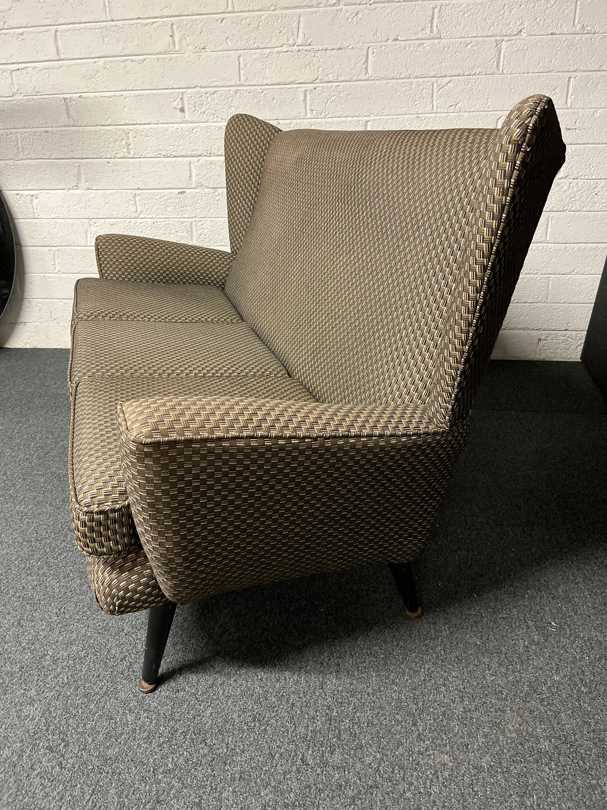Mid century highback chequered green, dark grey and cream 3 seater sofa 1225