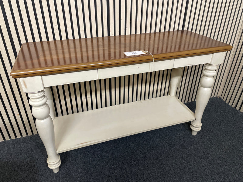 Rectangular console table with wood top and white turned legs.  44521