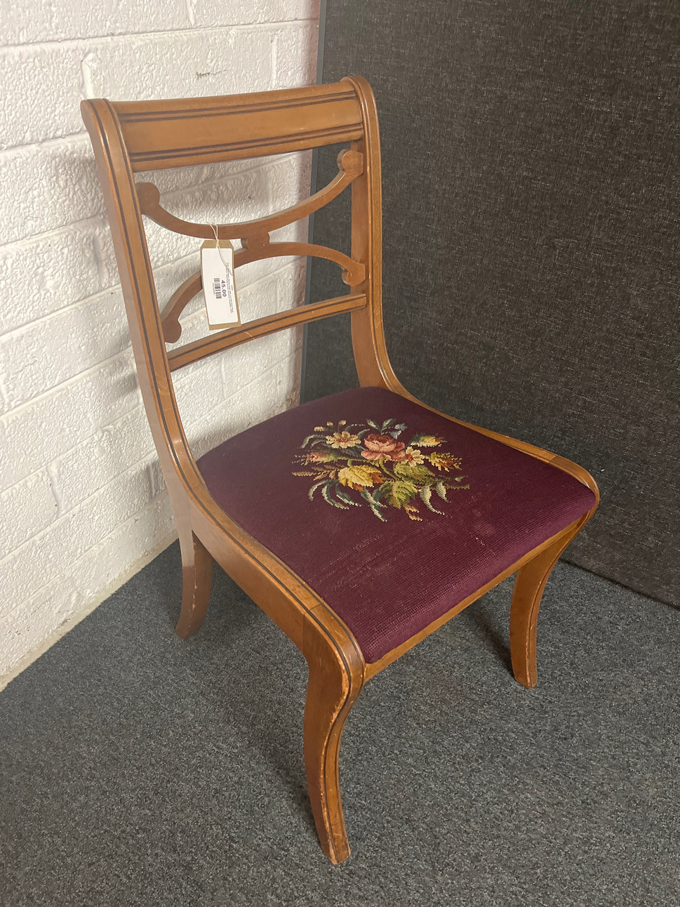 Solid mahogany dining chair with crochet wine floral seat  fabric. Matching carver armchair available  2225