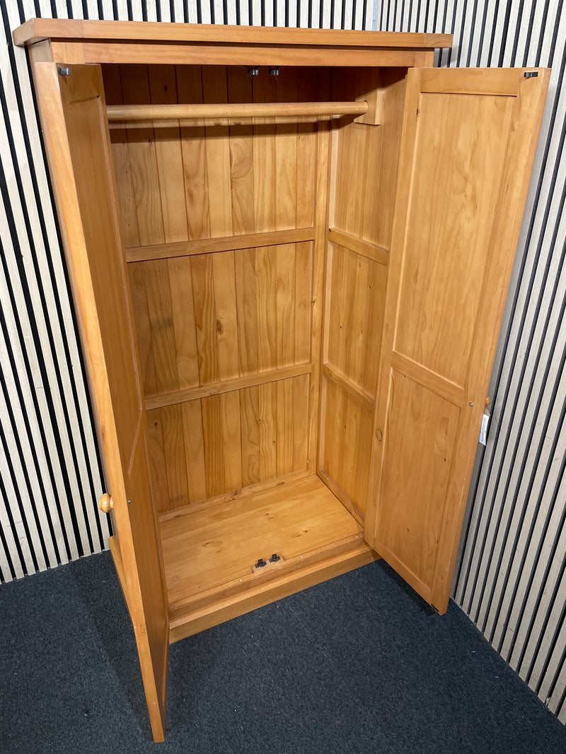 Tall 2 door natural pine wardrobe with wooden knob handles and internal hanging rail 100Wx52Dx180H  44486