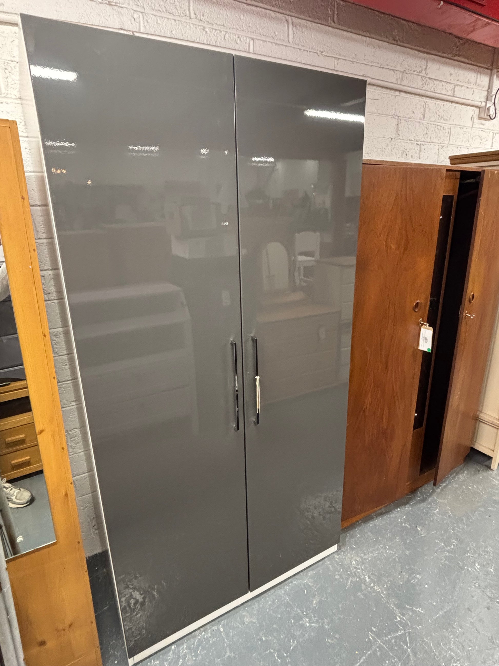 Tall 2 door grey gloss white laminate frame wardrobe (H 201 x W 100 x D 59 cm) 3225