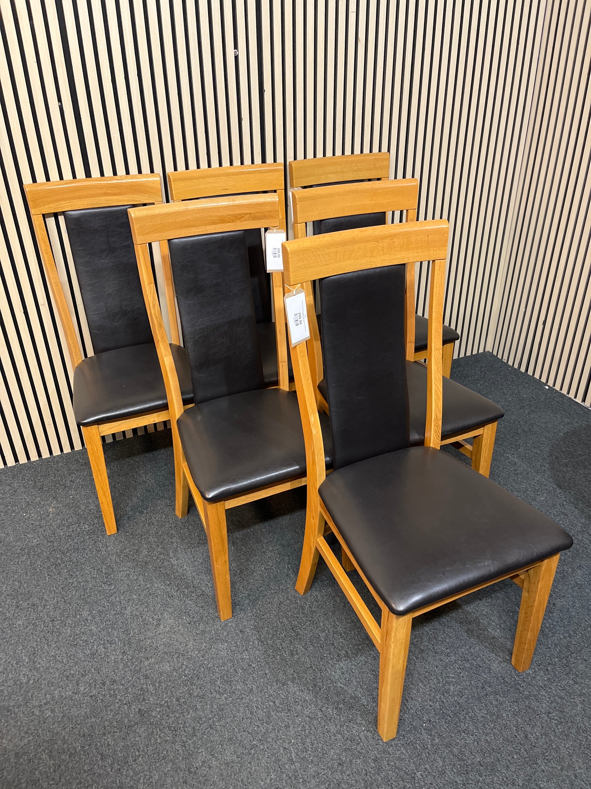 Beech framed, black leather seat and back dining chairs (SET OF 6) 3126