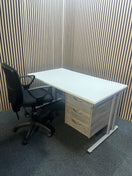Switch ( GRADE A) White 1400 x 800 desk with grey oak fixed pedestal + (GRADE A) Black fabric swivel chair bundle 2 image