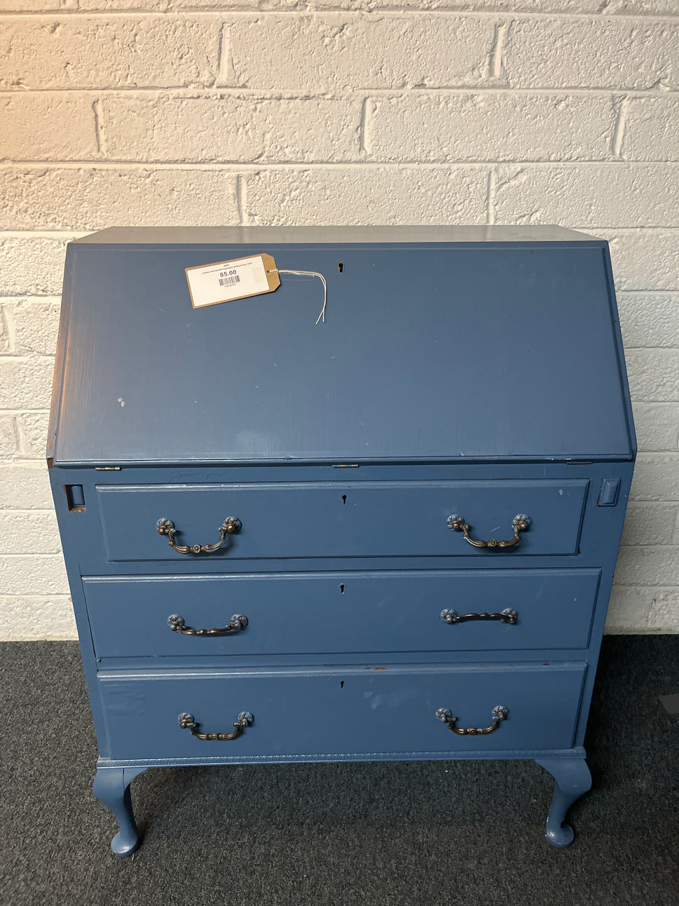 3 drawer blue painted mahogany writing bureau 3225