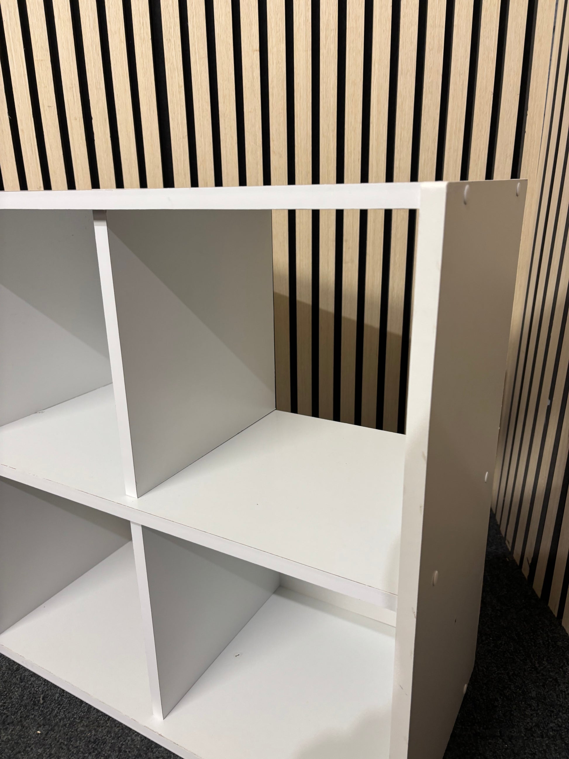White wooden 4 section small open back box storage (H 60 x W 60 x D 29) 3126