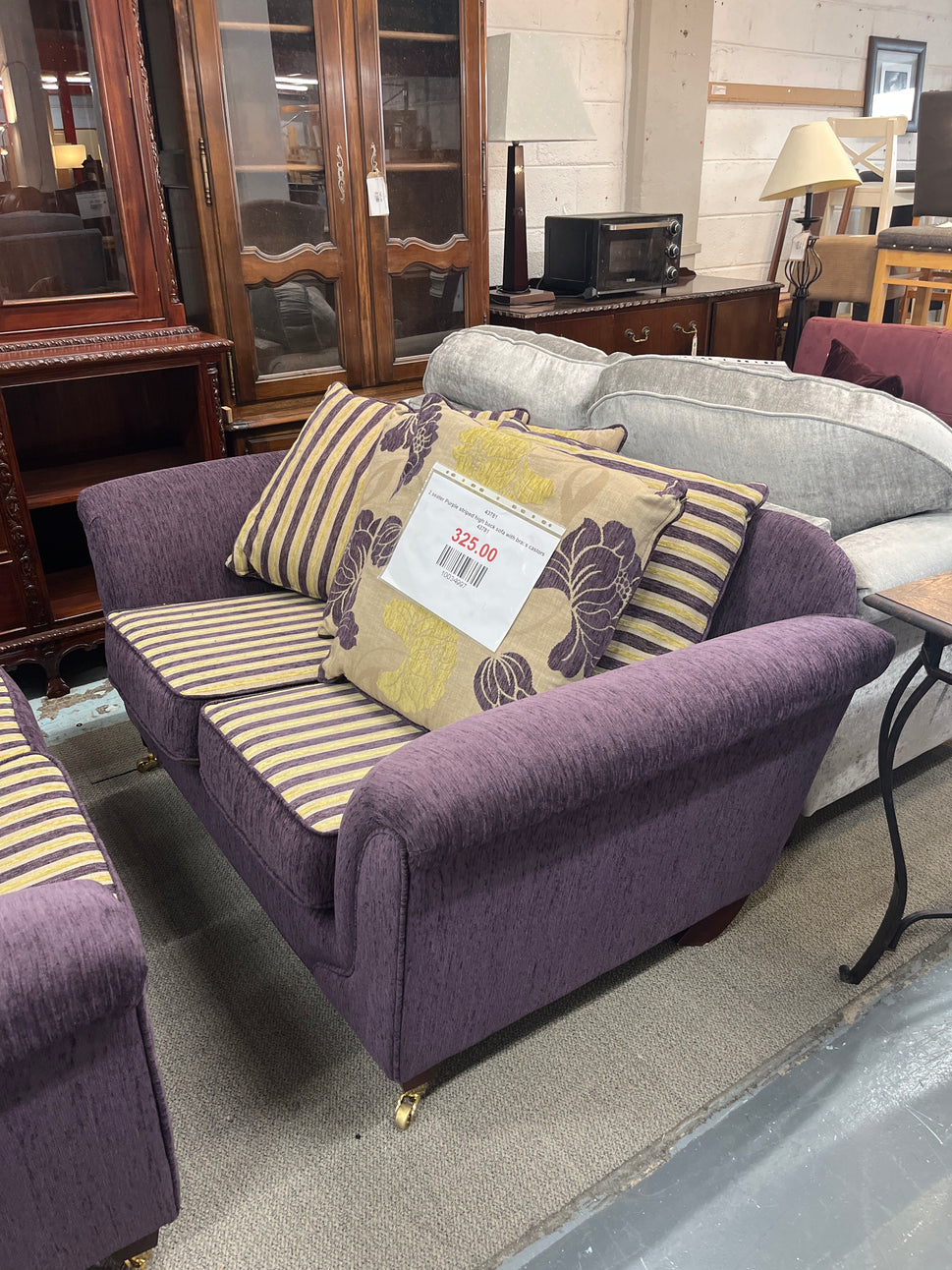 2 seater Purple striped high back sofa with brass castors 43781