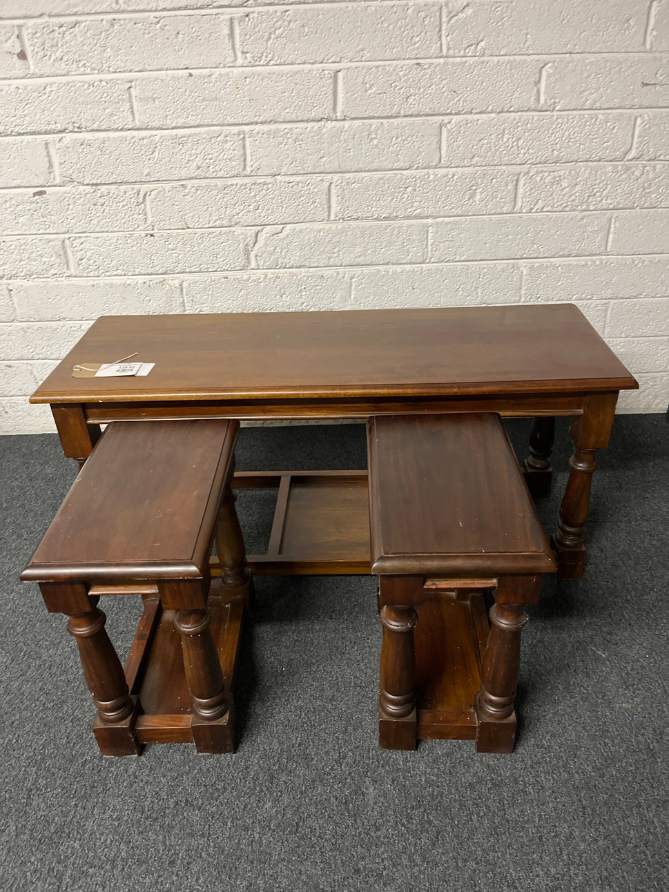 Low solid mahogany stained rectangular coffee table with insert side tables 2225