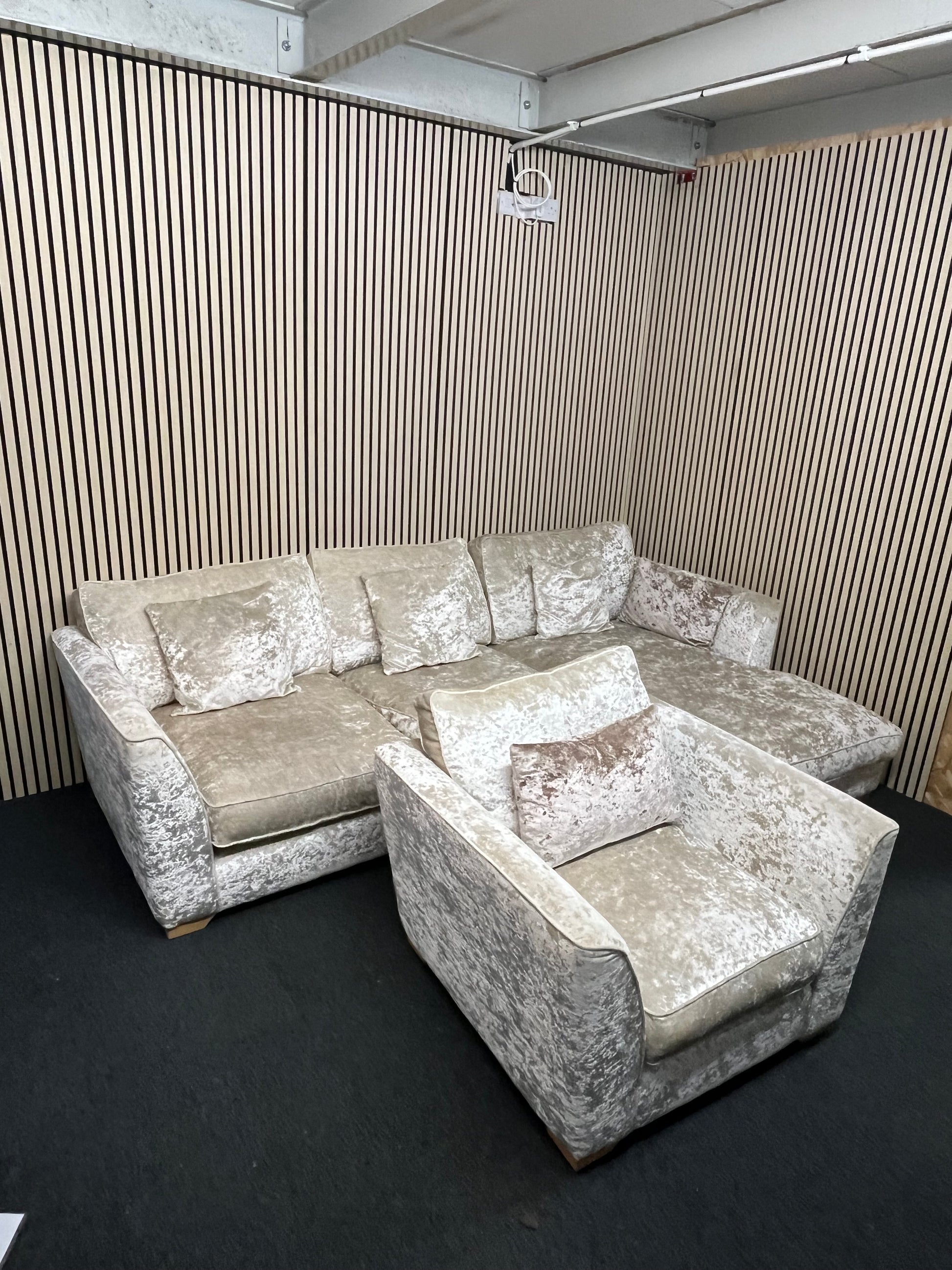 Large light cream crushed velvet fabric corner suite (in sections) with matching armchair 3325