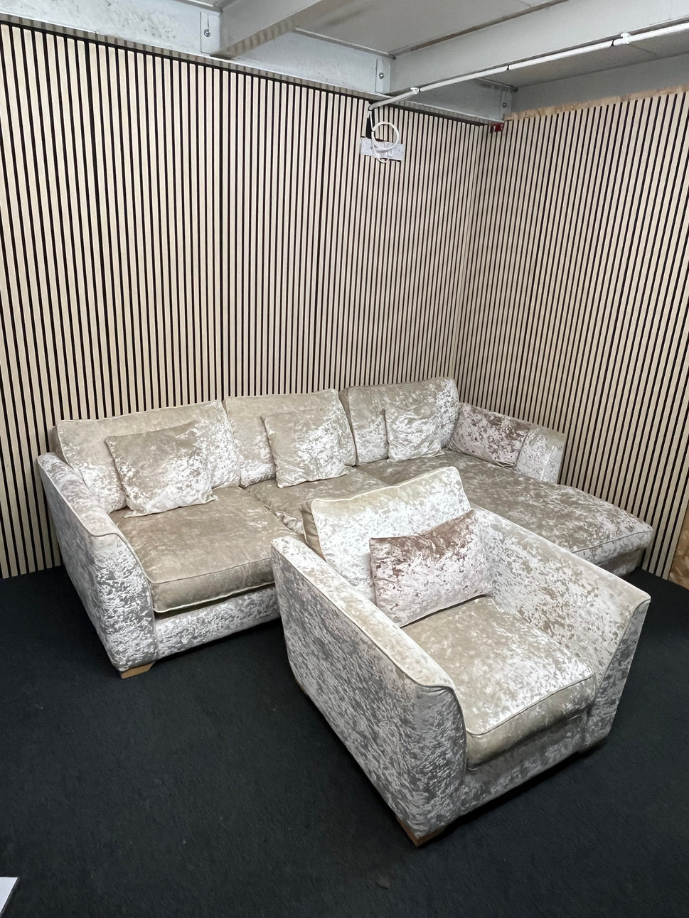 Large light cream crushed velvet fabric corner suite (in sections) with matching armchair 3325