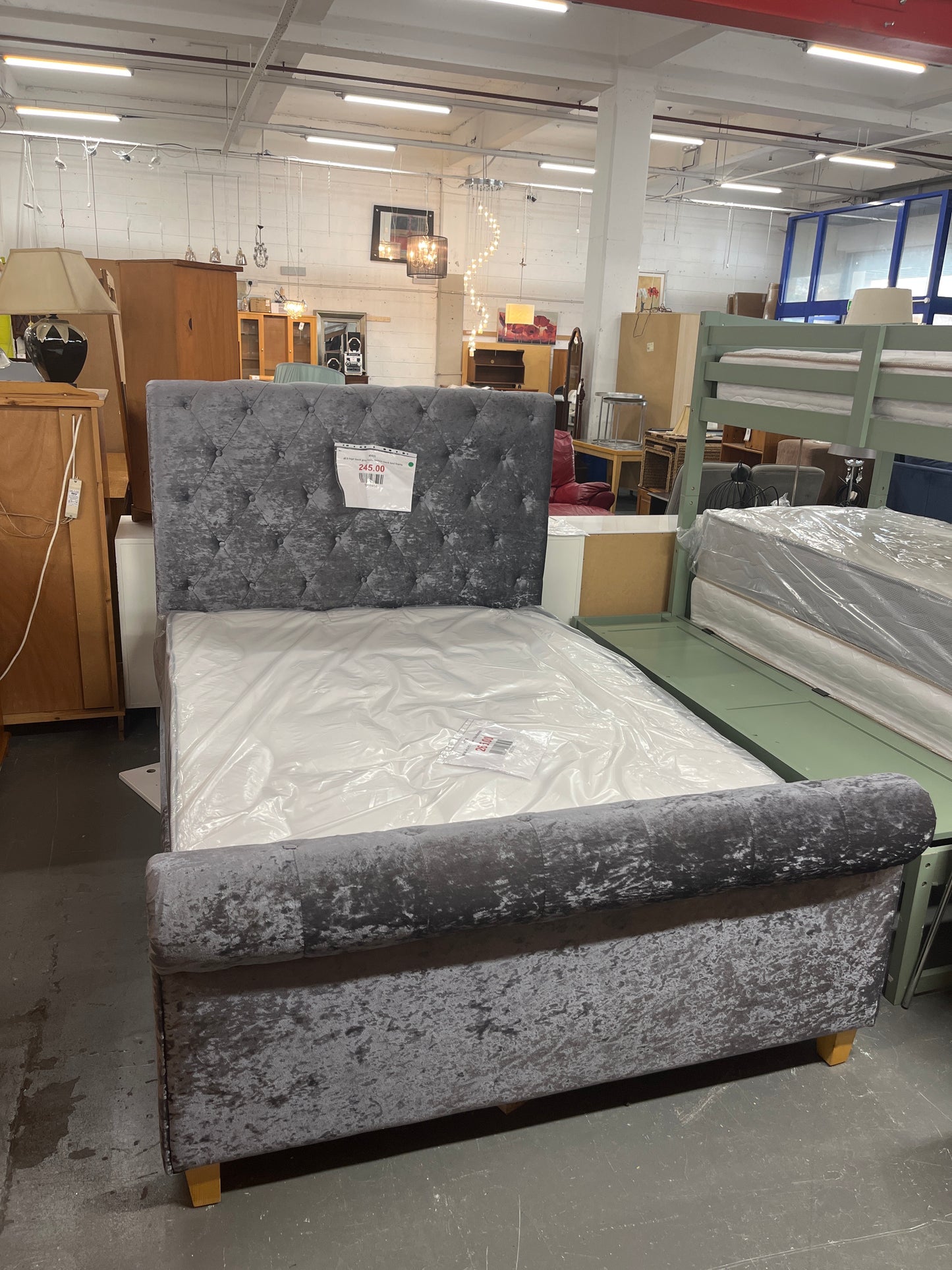 4ft 6 high back grey fabric button back bed frame