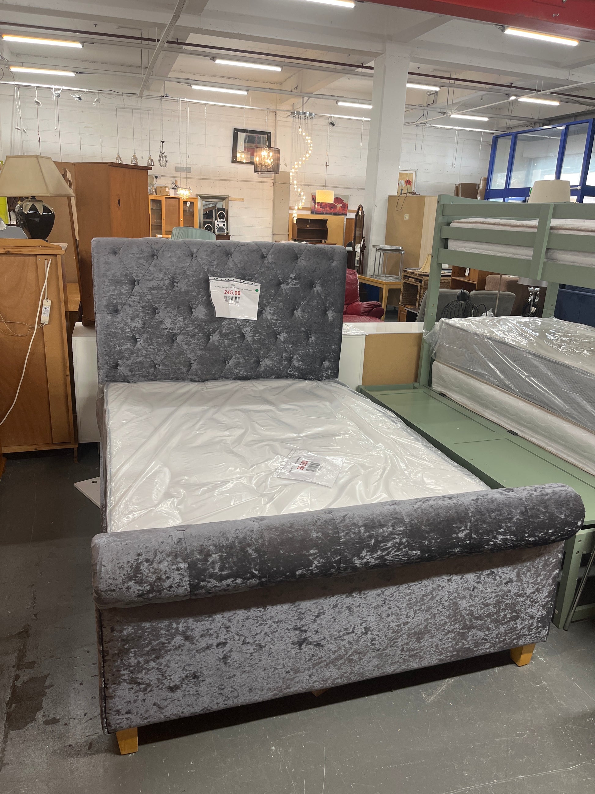 4ft 6 high back grey fabric button back bed frame