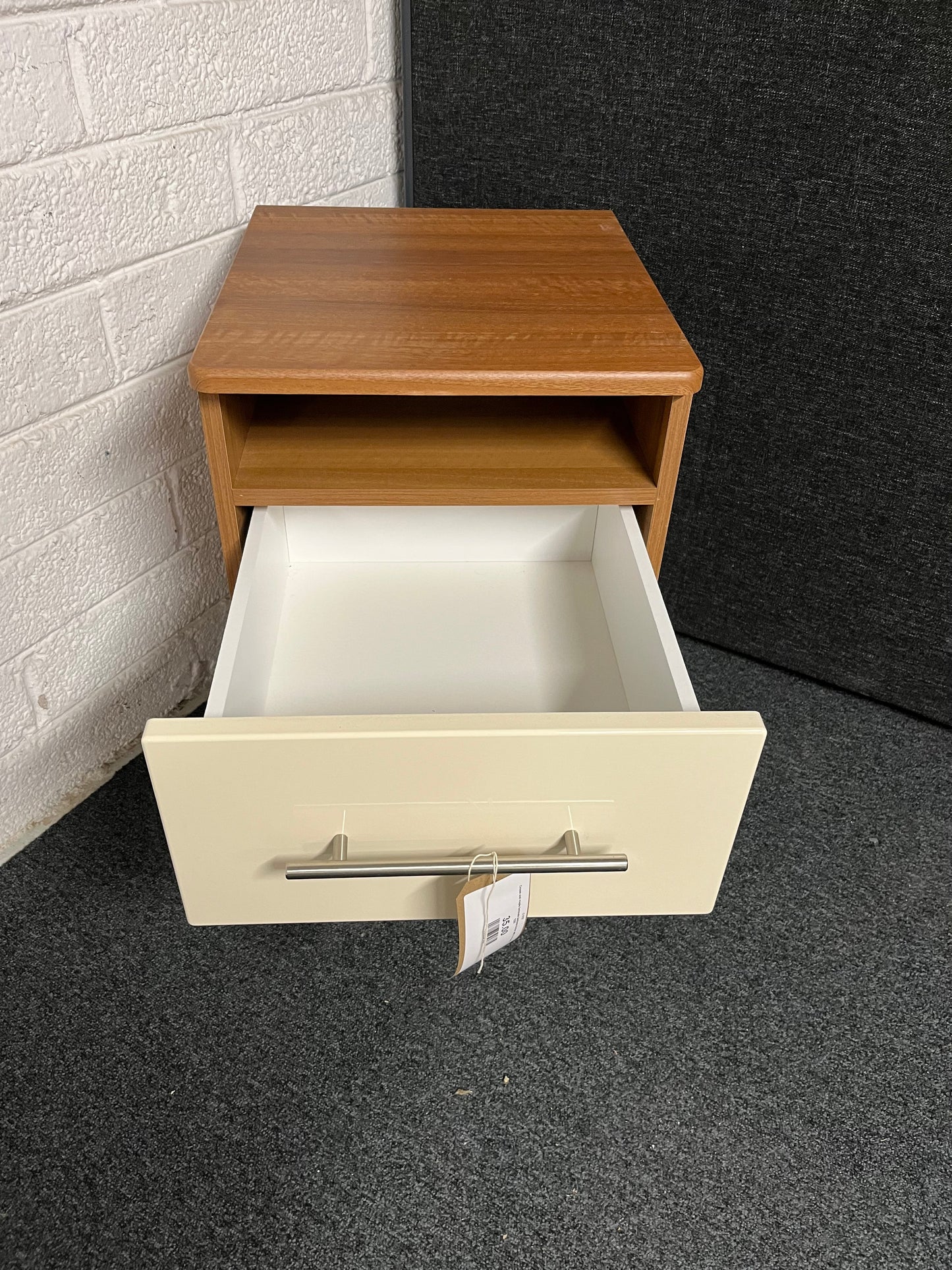 Cream and maple laminate bedside locker with 2 drawers 1225