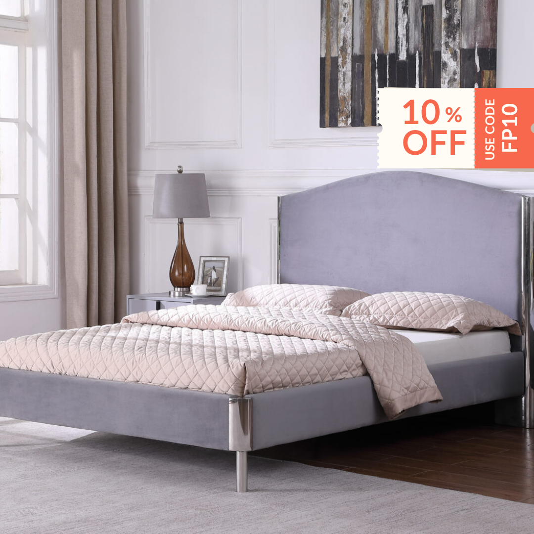 NEW Albee 4ft 6 grey fabric and chrome frame high back bed frame