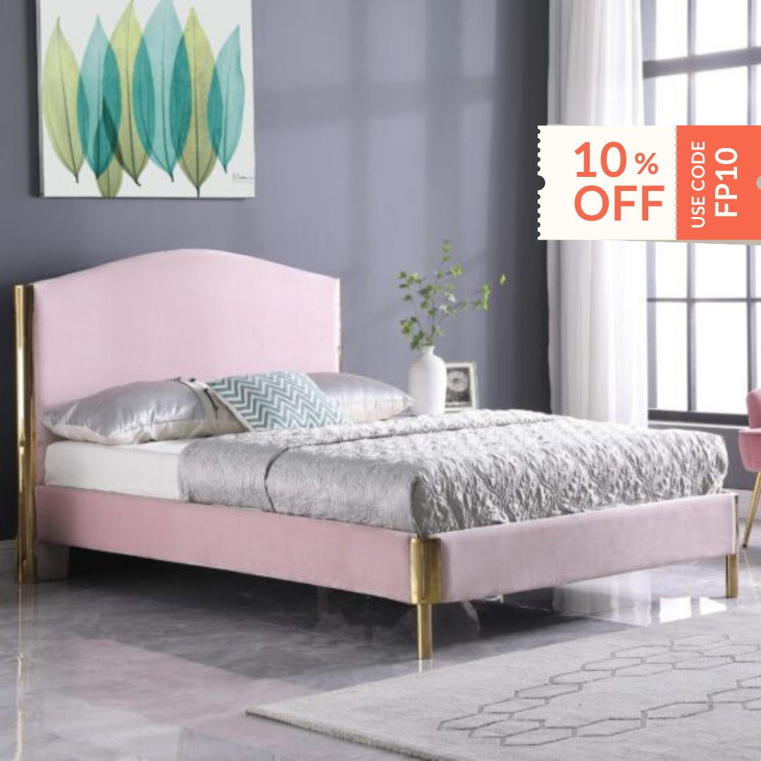 NEW Albee 4ft 6 pink fabric and  bronze frame high back bed frame