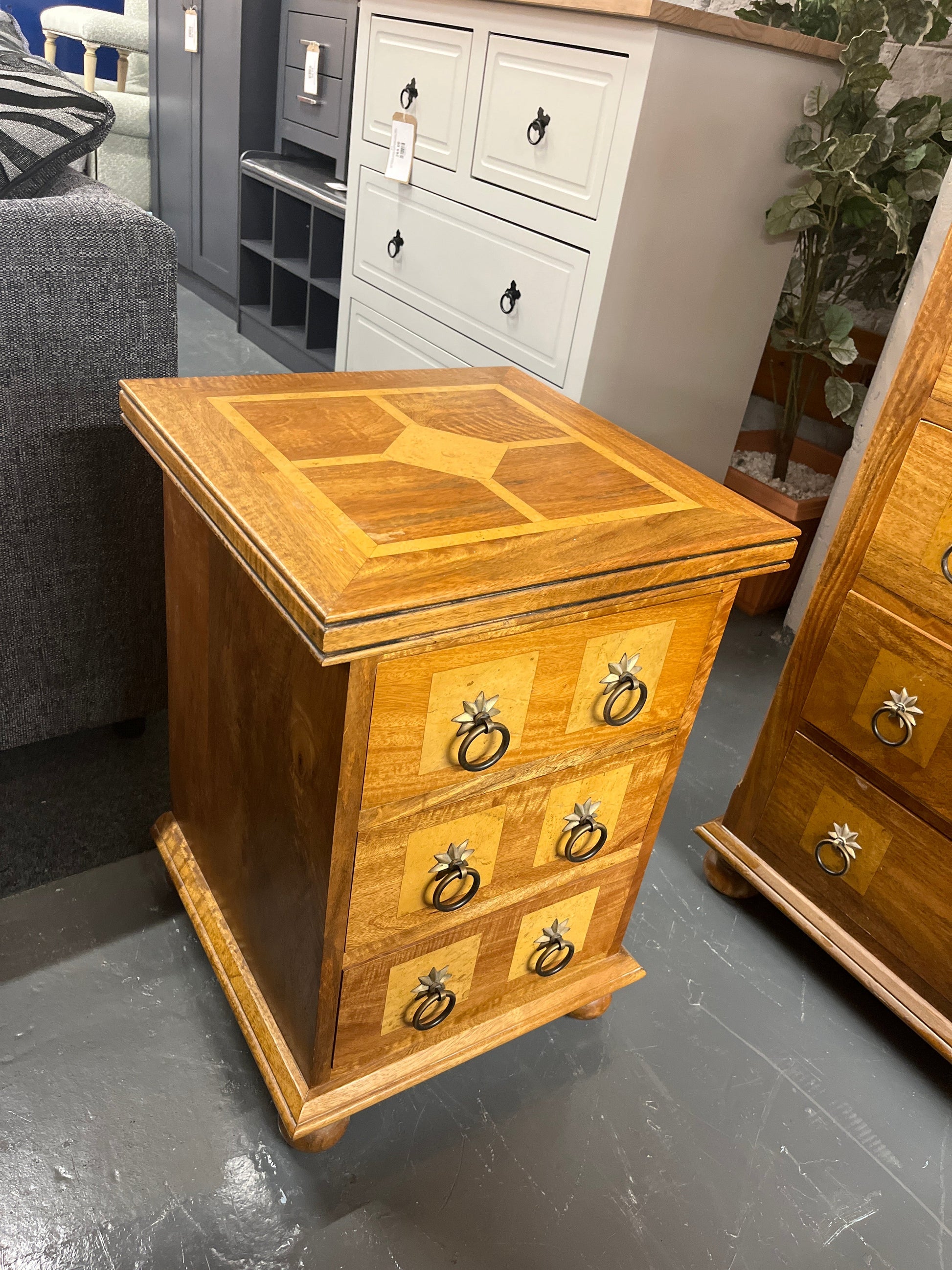 Solid Mahogany inlaid 3 drawer bedside locker.(H 65 x W 45 x D 45 cm) PART OF A SET BUT CAN BE SOLD SEPARATELY 2225
